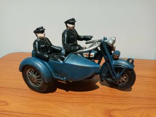 Vintage Cast Iron Toy Police Harley Davidson Motorcycle & Sidecar w/ Officers 2