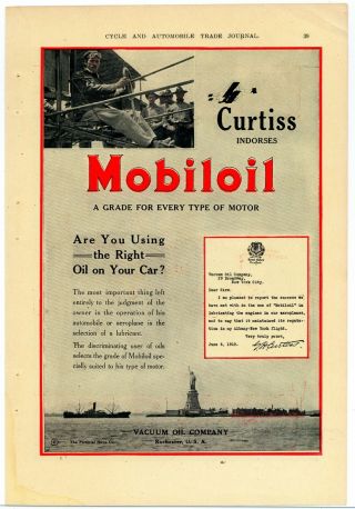 1911 Mobil Oil Ad: Glenn Curtiss Pic & Endorsement Letter - Vacuum Oil Company