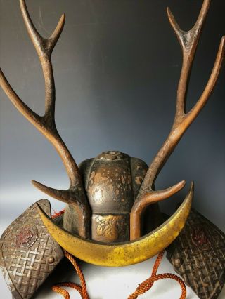 Decorative Japanese Iron Samurai Kabuto Helmet Vintage H.  16.  9” 11.  4lbs Deer horn 3