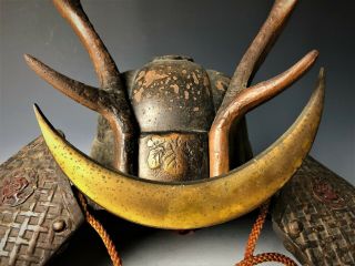Decorative Japanese Iron Samurai Kabuto Helmet Vintage H.  16.  9” 11.  4lbs Deer horn 4