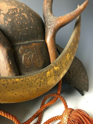 Decorative Japanese Iron Samurai Kabuto Helmet Vintage H.  16.  9” 11.  4lbs Deer horn 6
