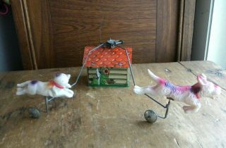 Vtg Litho Tin & Celluloid Dog Chasing Cat Dog House Wind Up Toy Not