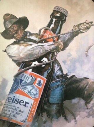 Vintage 1980 Budweiser King Of Beers Cowboy Roping Bottle Metal Serving Tray 29