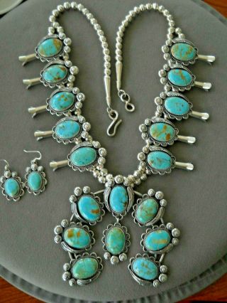 Huge Kingman Turquoise Silver Squash Blossom Necklace & Earrings