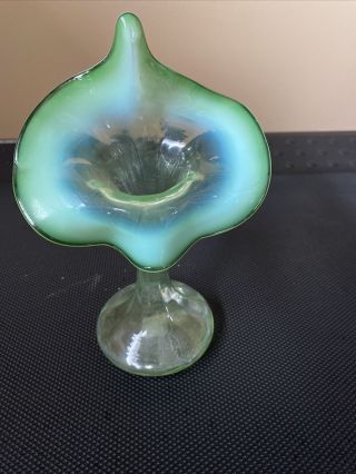 Vintage Unique Green Depression Glass Bud Vase That Looks Like A Flower 8” Tall