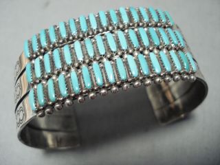 One Of The Best Tripe Row Needle Turquoise Vintage Zuni Sterling Silver Bracelet