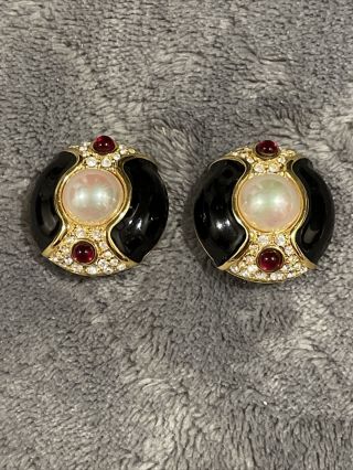 Vintage Nolan Miller Crystal Rhinestone Faux Pearl Red Cabochon Clip Earrings