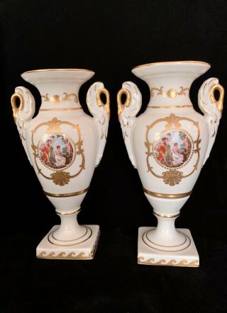 Vintage Urn Style Mantle Vases Gold Trim Unmarked Ladies & Cherub