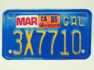 California Motorcycle License Plate Blue 1986 Registration 3x7710 March Vintage