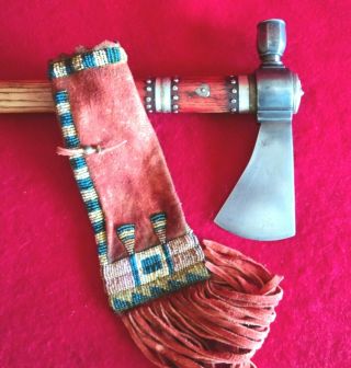 Vintage Hand Forged Tomahawk Pipe With Beaded Tobacco Bag