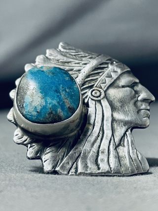 Signed San Felipe Old Kingman Turquoise Sterling Silver Chief Ring