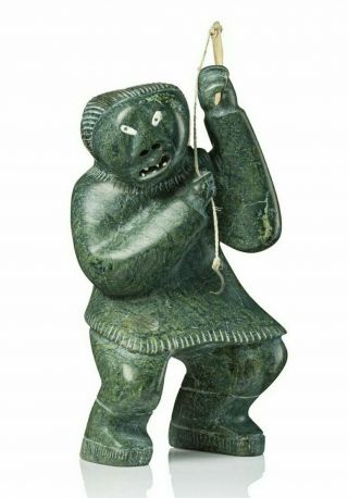 Judas Ullulaq Gjoa Haven Female Figure With Fishing Rod - 11.  5 " H Inuit Carving