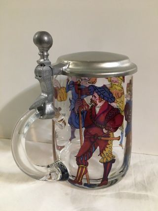 German Pewter Glass Stein Tankard Mug Lidded Painted Hunters Rein - Zinn Vintage
