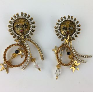 Signed Lunch At The Ritz Vintage Pierced Earrings Sun Star Celestial Crystal