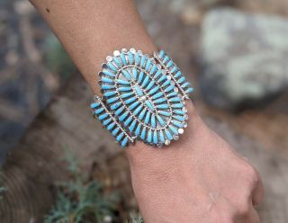 Vintage Zuni Petite Needle Point Turquoise Cuff Bracelet Sterling Silver Signed
