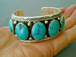 L.  Begay Native American Navajo Turquoise Row Sterling Silver Cuff Bracelet