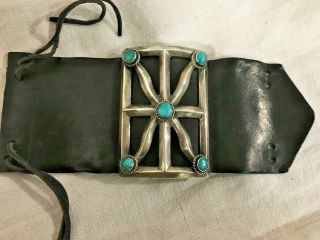 Vintage Navajo Indian Sterling Silver Turquoise Ketoh Bow - Guard Bracelet Mid - cen 2