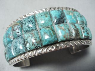 Heavy Curt John Navajo Turquoise Sterling Silver Inlay Bracelet