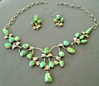 Navajo Carico Green Turquoise Cluster Sterling Silver Link Necklace & Earrings