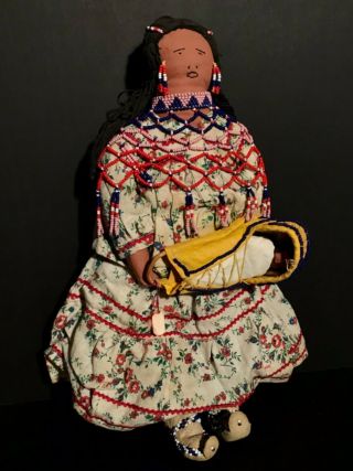 Fantastic Mid 20th C Beaded Apache Doll,  Great Moccasins,  Carved Wood Papoose,
