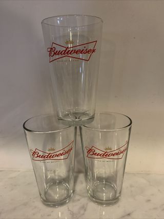 Budweiser Beer Pint Glasses Set Of (3).  6” Tall