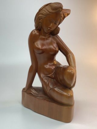 Large Nude Woman Asian Indonesian Bali Hand Carved Wood Statue Signed Dugelur