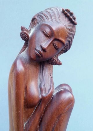 Vintage Bali Finely Carved Hard Wood Statue Of Nude Young Girl 8.  25 Inches