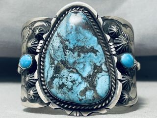 Colossal Navajo Blue Diamond Turquoise Sterling Silver Repoussed Bracelet