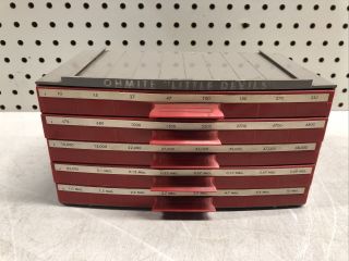Vintage Ohmite " Little Devils " Resistor Drawer Container W/ Resistors Red Grey