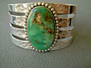 Native American Natural Green Royston Turquoise Sterling Silver Stamped Bracelet