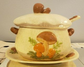 Vintage Ceramic Mushroom Soup Tureen With Matching Ladle And Plate