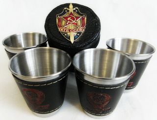 Russian Vodka Shot Glasses Set & Case With Metal Kgb Ussr Badge 4 X 25 Or 50 Ml