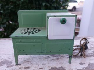 Vintage 1930’s Metal Ware Porcelain Tin Electric Toy Stove Oven Green Pressed