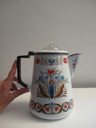 Vintage Swedish Berggren Enamelware Coffee Pot Percolator Folk Art Country