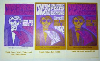 Vintage 1967 Cream /electric Flag (bg - 80) Bill Graham 3 - Ticket Set Fillmore