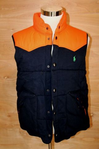 Vintage Polo Ralph Lauren Mens Blue Orange Puffer Flannel Vest Jacket Large