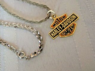 Harley Davidson Silver Enamel Vtg 1984 Baron Bar Shield Logo Necklace 18 " Chain