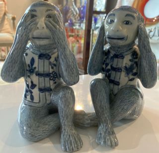 Vintage Blue And White Chinese Porcelain Monkeys Figurine