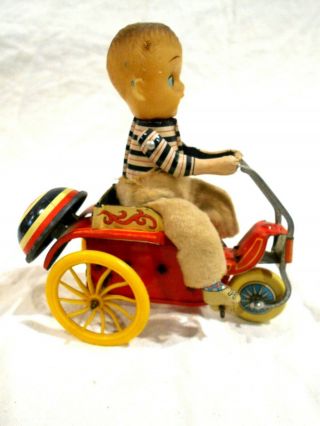 Vintage Japan Haji Key Wind Tin Tin Litho Boy On Scooter/tricycle