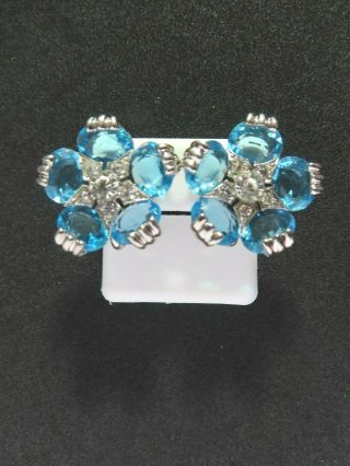 Vtg Panetta Sterling Silver Blue Crystal Flower Clip Back Earrings 1 1/8 "