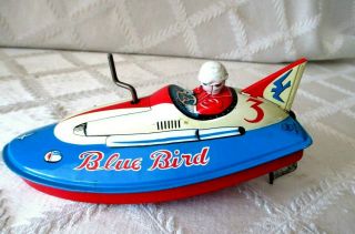 Vintage Wind - Up Tin Toy - Blue Bird Speedboat Racer - Driver 6 " - San - Japan