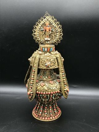 Unusual Vintage Tibetan,  Nepalese Filigree And Jeweled Bottle