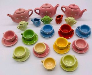 Vintage Polka Dot Childs Tea Set Teapots Cups Saucers Creamer Sugar Bowls