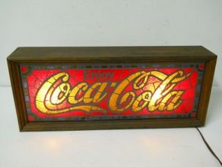 Vintage Coca - Cola Wood Framed Stained Glass Look Lighted Sign Bar Pub Man Cave
