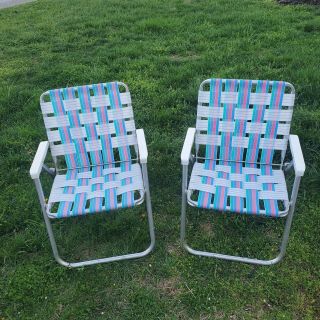 Set Of 2 Vintage Folding Aluminum Chair Webbed Patio Lawn Chairs Pink Blue White