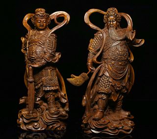 Chinese Boxwood Wood Carved Guan Yu Gong Weituo Protector Deity God Statue Pair