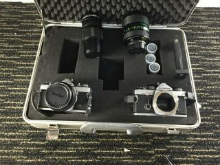Vintage Olympus Cameras Om1 And Om2 With Lens And Case