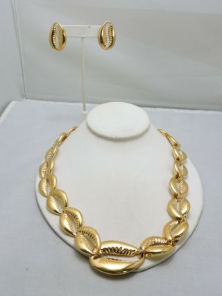 Vintage Signed Coreen Simpson Necklace Matching Set Gold - Tone Pierced Earrings