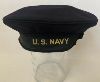 Vtg Wwii Us Navy Blue Wool Sailor Cracker Jack Flat Cap Hat Sz 7 Leather Band
