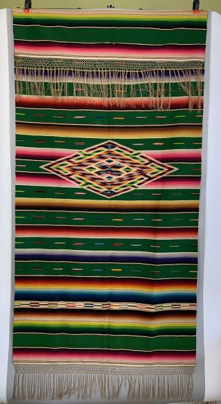 Vtg Mexican Saltillo Serape Wool Rug Blanket Wall Hanging 70 Inches Long
